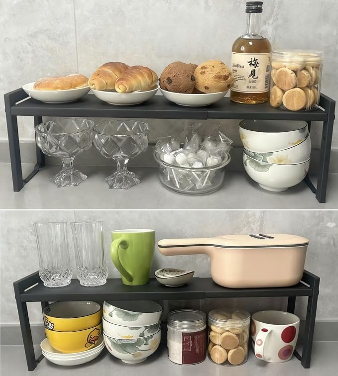 2 Pack Expandable Cabinet Shelf Organizer 16-26" L Stackable Kitchen Counter Shelves Rack Stand Sink Riser Countertop Storage Black (Narrow 5.1”D) by Urhomeyplus