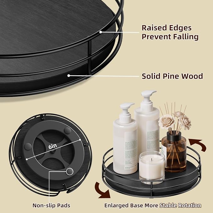Optish 10" Elegant Lazy Susan, Non-Skid Turntable Spice Organizer, Black | 360° Smooth Rotation, Clear Design, Tall Raised Edge, Easy Access, Load 15 lbs, for Spices, Cabinet, Pantry, Fridge, kitchen - Image 3