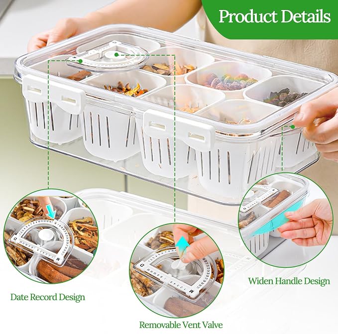 Veggie Tray Divided Serving Tray with Lid, Salad Bar Container for Fridge | Portable Snack Box Container,Food Storage Organizer with 8 Strainers for Fruit,Vegetable, Berry Saver for Refrigerator Picnic - Image 3