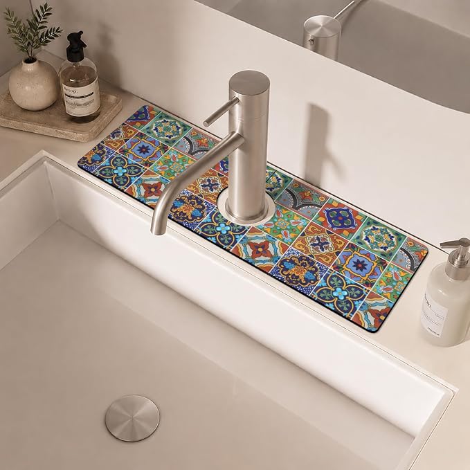 Mexican Ceramic Tile Kitchen Sink Splash Guard Faucet Mat,Faucet Non-slip Absorbent Mat,Farmhouse Sink Splash Guard Behind Faucet for Kitchen Bathroom, 15"x5.5" - Image 6