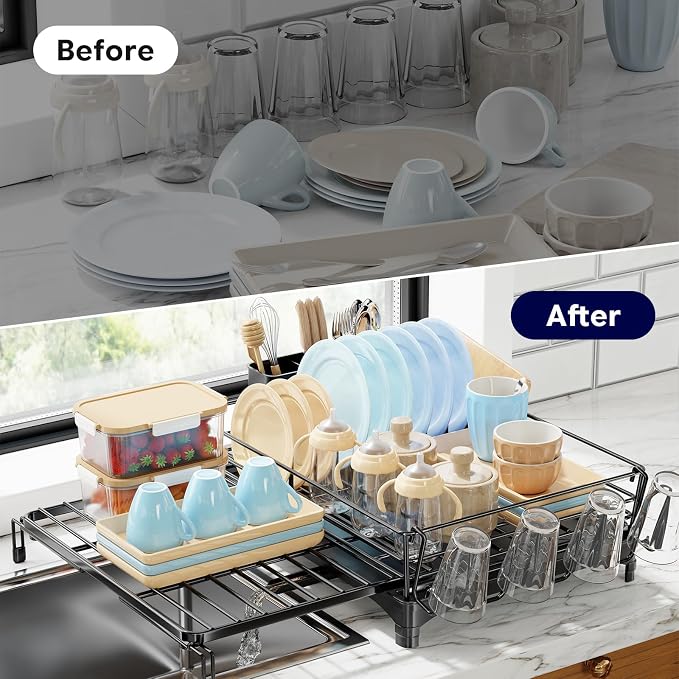 Simple Trending Dish Drying Rack - Expandable Dish Rack for Kitchen Counter, Large Capacity Dish Drainer, Stainless Steel Dish Strainer with Utensil & Cup Holders, Black - Image 7
