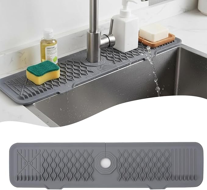 Silicone Faucet Handle Drip Catcher Beveled Drying Tray Mat Dish Soap Sponge Holder Accessories Gadgets for Kitchen Counter Bathroom Kitchen Sink Splash Guard (24") by Unknown