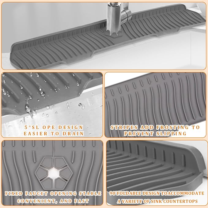 30 Inch Sink Splash Guard,Longer Silicone Sink Mat for Kitchen Bathroom,Kitchen Faucet,Silicone Sink Faucet Mat Splash Guard, Drip Protector Splash Countertop (Grey) - Image 4