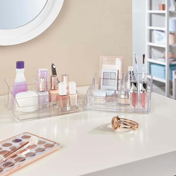 STORi Clear Plastic Small Countertop Vanity Makeup Organizer, Compact Rectangular 4-Compartment Holder for Brushes, Eyeshadow Palettes, & Beauty Supplies, Made in USA (Pack of 2) - Image 6