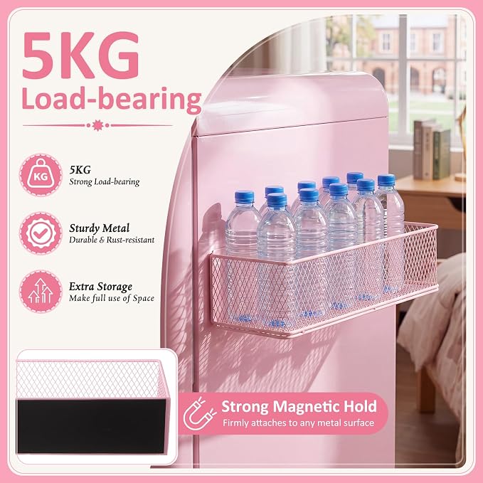 FoldTier 1 Pack Pink Magnetic Basket Dorm Mini Fridge Shelf Organizer Kitchen Storage Bin Container Spice Holder for Locker Refrigerator Pantry Dorm Essentials (13.8 x 3.1 x 4.9 Inch) - Image 4