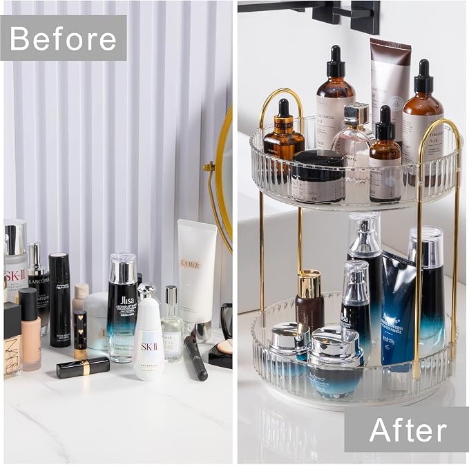 Rotating Makeup Organizer for Vanity, High-Capacity Skincare Clear Make Up Storage Perfume Organizers Cosmetic Dresser Organizer Countertop 360 Spinning (Clear, 2 Tier) - Image 4