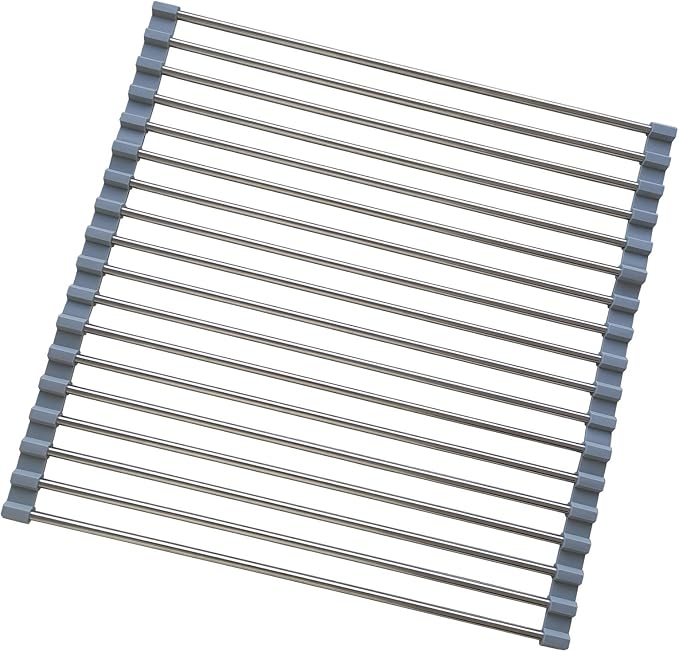 Roll Up Dish Drying Rack, Stainless Steel and Silicone Dish Drying Mat Over The Sink Foldable Drain Rack Multipurpose Dish Drainer for Kitchen, 14.5” x 14”, Gray by D+DrNeeko