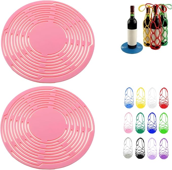 Multi-Use Silicone Storage Bag & Organizer,Multifunctional Mesh Coaster,Silicone Wine Carrier,Reusable, Foldable, Portable Coaster for Wine Bottles, Cans, Cups, Hot Dishes,and Beverages(2pcs Pink) by Unknown