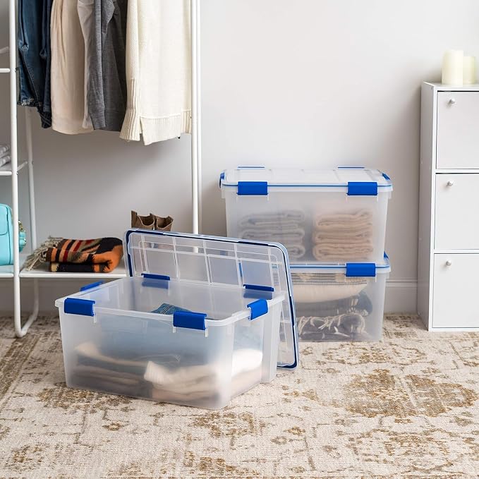 IRIS USA 3-Pack 60 Qt Storage Bins with Gasket Lids, Clear/Blue | WeatherPro seal helps protect bulky items for moving, garage, attic and basement storage - Image 4