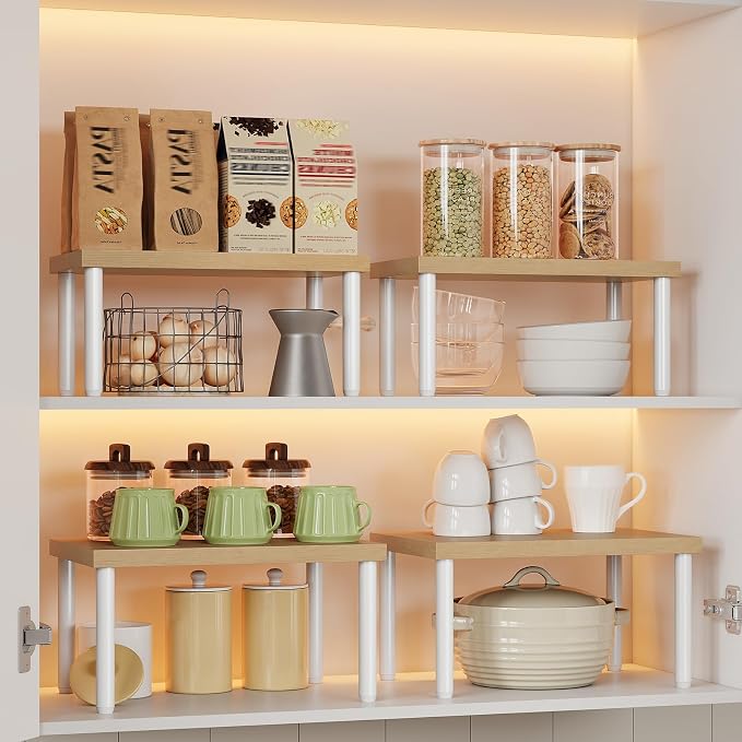HOOBRO Cabinet Organizer Shelf, Set of 4, Kitchen Countertop Organizer, Kitchen Storage, Spice Rack for cabinet, Stackable, Expandable, for Countertop,kitchen,cabinet, White and Natural WN15TLP201 - Image 2