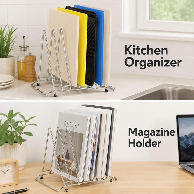 Stainless Steel Cutting Board Holder, 6-Slot Countertop Stand | 304 stainless steel, 6-slot organizer, heavy-duty, fits boards up to 1.4in (3.7cm) thick, not for pot lids - Image 6