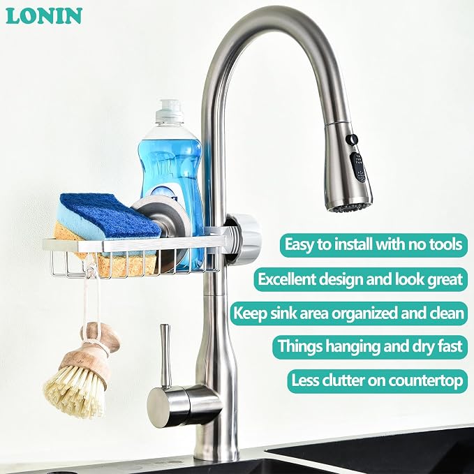 LONIN Sponge Holder Over Faucet Kitchen Sink Caddy Organizer, Stainless Steel Sink Rack for Sponge, Brush and Soap, Quick Drain Hanging Faucet Holder - Image 2