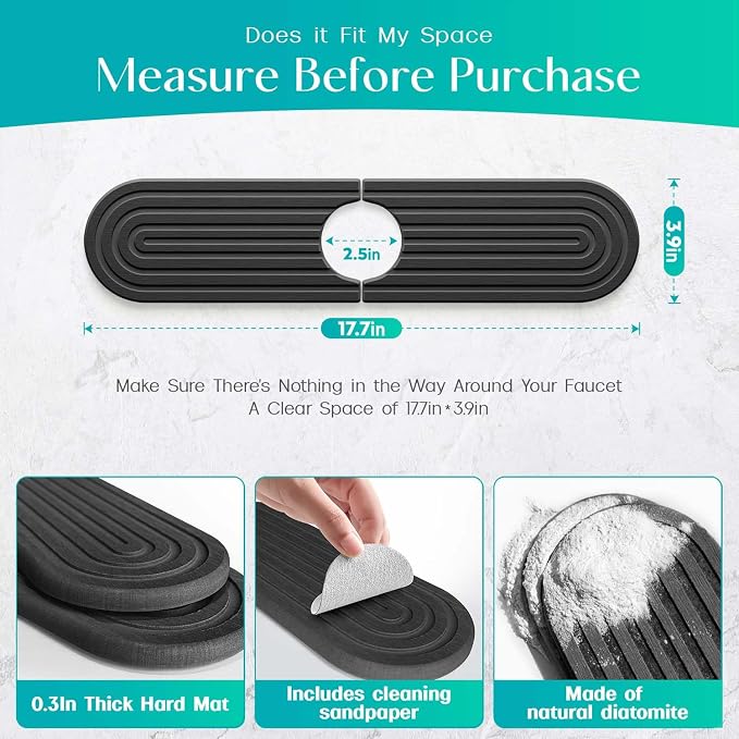 Stone Faucet Mat for Kitchen Sink – Diatomite Fast-Drying Stone Tray, Faucet Mat Sink Splash Guard, Decorative Sink Protector for Kitchen Bathroom Counter [Dark Gray, 17.7''x3.9''] - Image 4