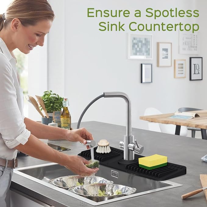 18 Inch Silicone Faucet Mat for Kitchen Sink Splash Guard – 2025 Upgraded Draining Mat with Water Tray Behind Faucet – Countertop Protectors to Catch Spills (Black, 17.7" x 5.5") - Image 7