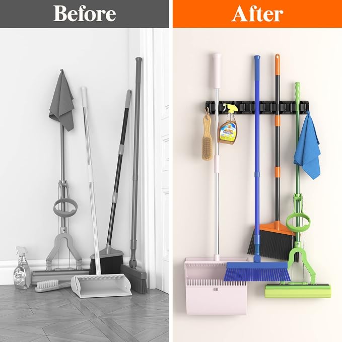 Lifewit Mop and Broom Holder Organzier Wall Hanging Mount, Black, 2 Pack | Anti-Slip Broom Storage for Cleaning Organizer, Easy Install Tool Hanging Rack with 5 slots & 6 hooks for Kitchen, Garage - Image 5