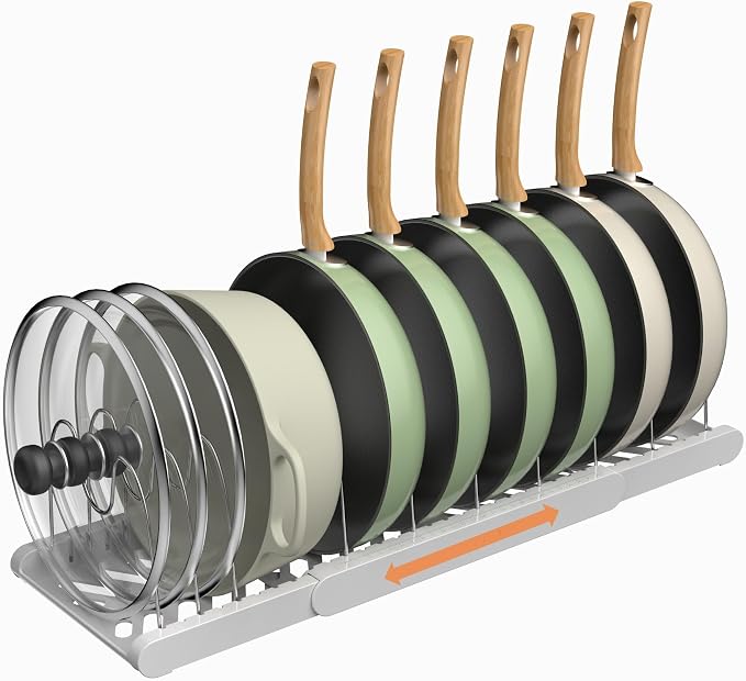 Expandable Pots and Pans Organizer Under Cabinet, Pan Organizer Rack with 9 Adjustable Slots, Pot Lid Holder for Cabinet, Countertop, Plates, Cutting Boards, Baking Sheets-White by VOMELON
