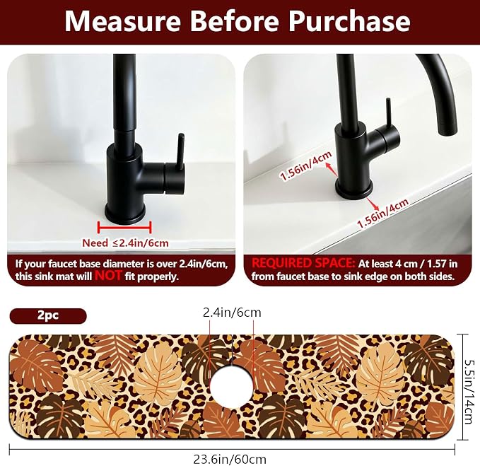 2 Pcs Kitchen Sink Splash Guard Faucet Mat Leopard Print Leaves Faucet Mat for Sinks Leaves Pattern Absorbing Drying Mats for Kitchen Bathroom, 23.6x5.5inch - Image 2