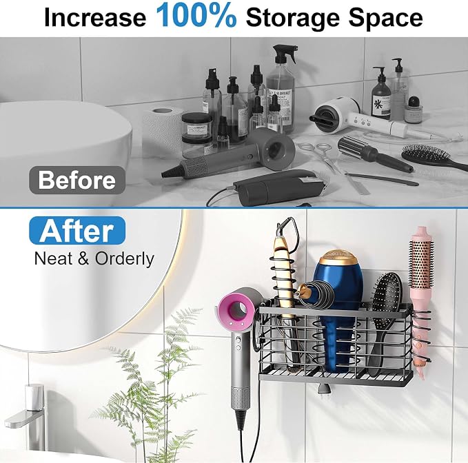 2026 Upgraded 3-in-1 Universal Hair Tool Organizer, XL Size, Black | Adjustable Height Metal Hair Dryer Holder, Wall Mounted, Over Cabinet Door, Countertop, Bathroom Storage - Image 4