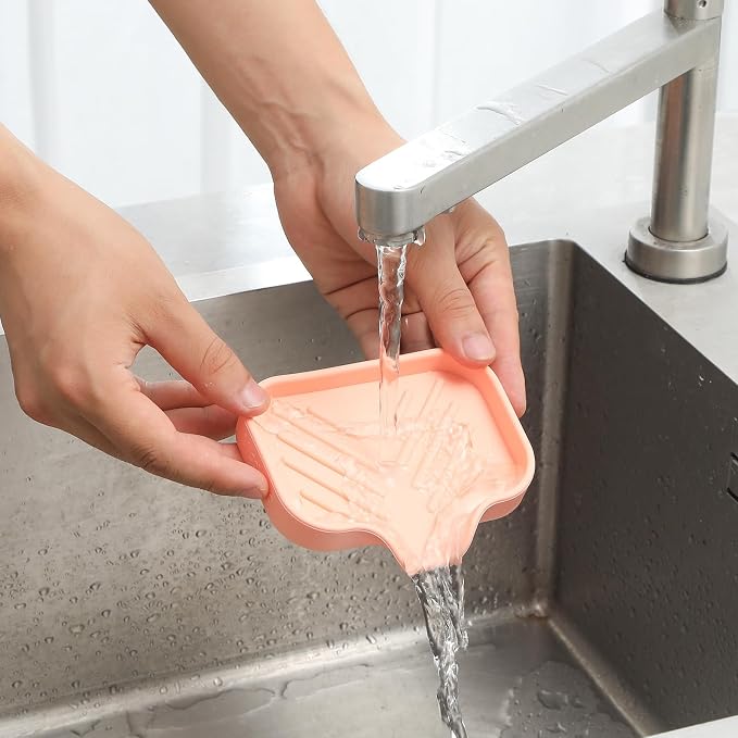 MicoYang Silicone Soap Dish with Drain Spout, Self-Draining Sink Organizer Tray for Bathroom and Kitchen, Sponges, Dispensers and Soap Holder, Non-Slip and Dishwasher Safe, Pink (Compact, 4.9"×3.2") - Image 9