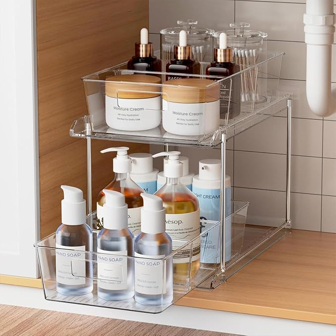 Bathroom Under Sink Organizers and Storage, 2 Tier, 1 Pack | Clear Vanity Countertop Pull-out Cabinet Organizer, Stackable Multi-Purpose Kitchen Pantry Organization with Dividers by Fabspace