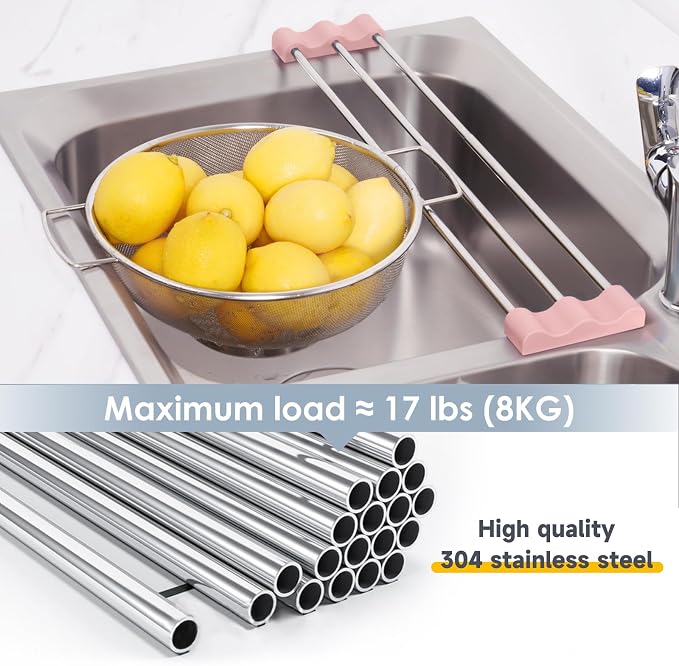 Tomorotec Adjustable Over-The-Sink Kitchen Rack, BPA-Free, Pink | Holds 16.5 Lbs; For Dishcloths, Sponges, and Brushes - Heat-Resistant Stainless Steel with Slim, Expandable Design - Image 2