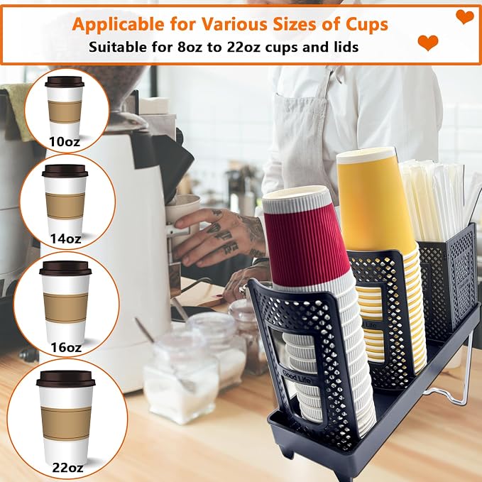 Coffee Cup Holder, Paper Cup and Lid Holder Dispenser with Straw Organizer,3-Slot Upright Disposable Plastic Coffee Cup Dispenser for Stations, Kitchens, Bars, Restaurants, Lounges (Black) - Image 2