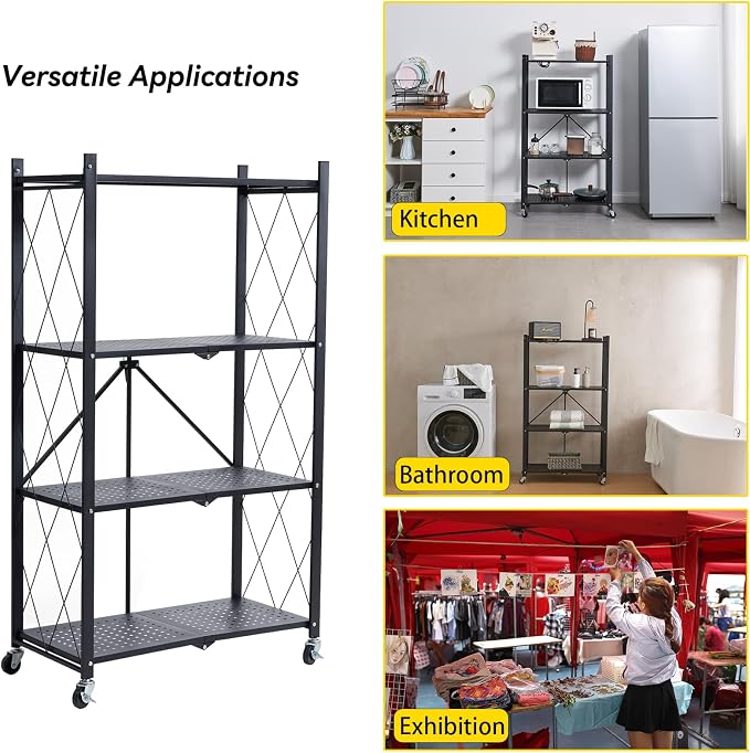 BRIAN & DANY 4-Tier Foldable Storage Shelves with Wheels, Folding Metal Rack Shelving Unit, Heavy Duty No Assembly Organizer Shelf for Garage, Kitchen, Basement, Pantry, Black - Image 6