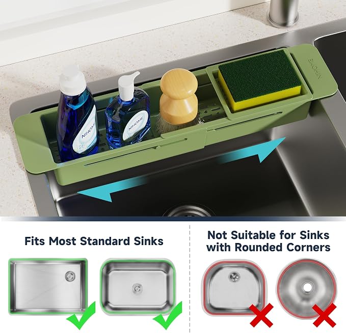 NiHome Extendable Sink Caddy, Small Telescopic Kitchen Brush Holder | Adjustable Sink Organizer for Brush/Sponge with Fast Drainage, Durable ABS, Non-Slip Pads, Expandable Brushes Holder (Green) - Image 5