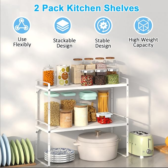 15.5 to 25.5 Inch Expandable Kitchen Cabinet Organizer Shelf, 30 LBS Heavy Duty Stackable Kitchen Counter Storage Shelves Organizers, 2 Pack Adjustable Small Storage Shelf Rack For Cabinet Cupboard - Image 3