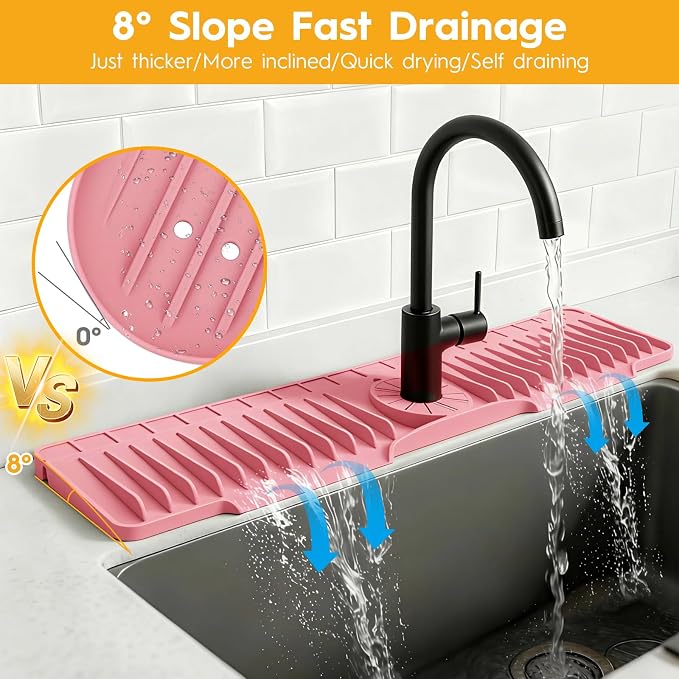 24" Silicone Faucet Mat for Kitchen Sink of The Lastest, Pink | 8° Slope Fast Self-draining, Kitchen Sink Water Splash Guard, Behind Faucet Draining Mat, for Bathroom Kitchen Sink Area - Image 3