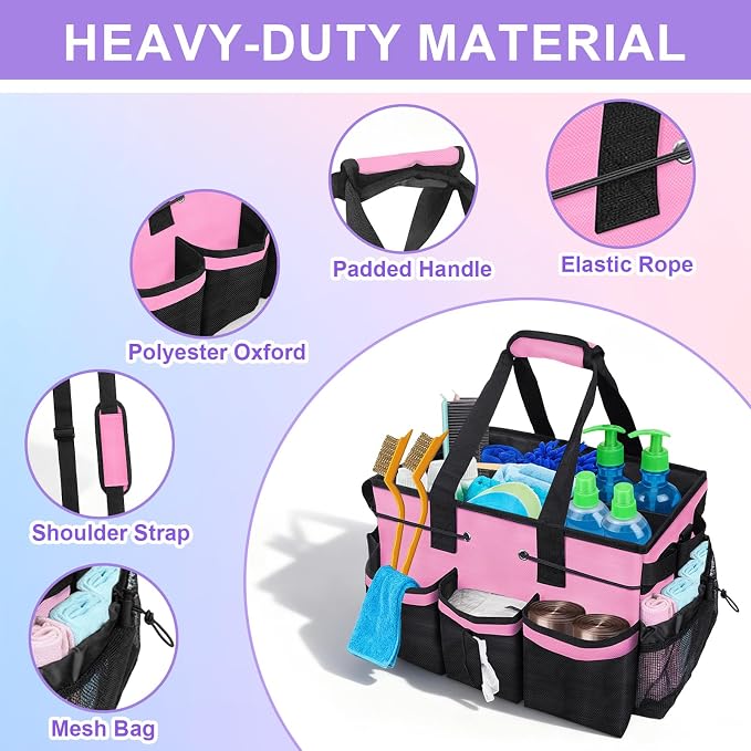 Cleaning Caddy Bag Heavy-Duty Organizer Tote for Housekeepers, Janitors & Home Cleaning Supplies with Adjustable Shoulder Strap & Multiple Pockets (Pink) - Image 2