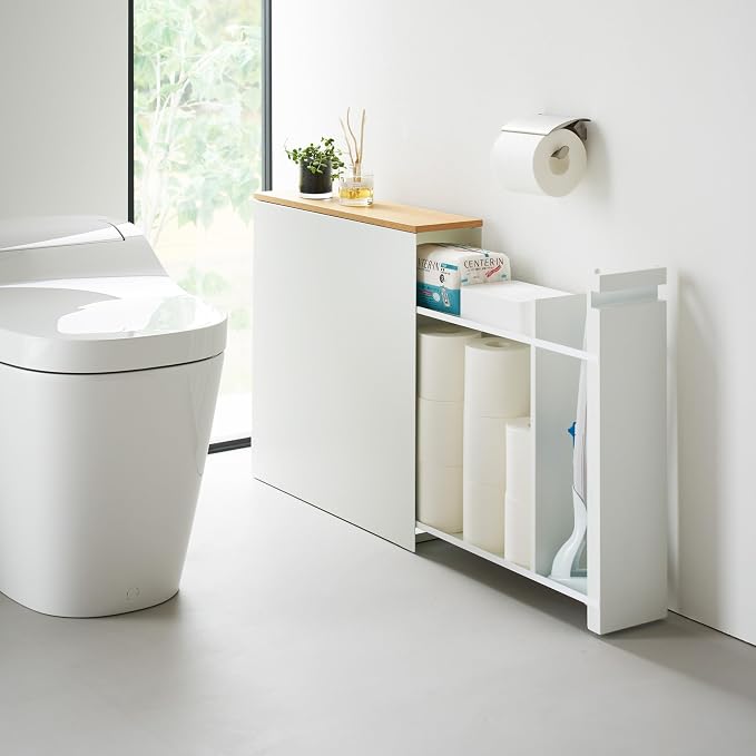 Yamazaki Home Pull-Out Bathroom Storage Cabinet with Wood Top, White | Slim space-saving bathroom storage cabinet with a natural wood top. Clever pull-out design. Holds 12 rolls of toilet paper. - Image 2