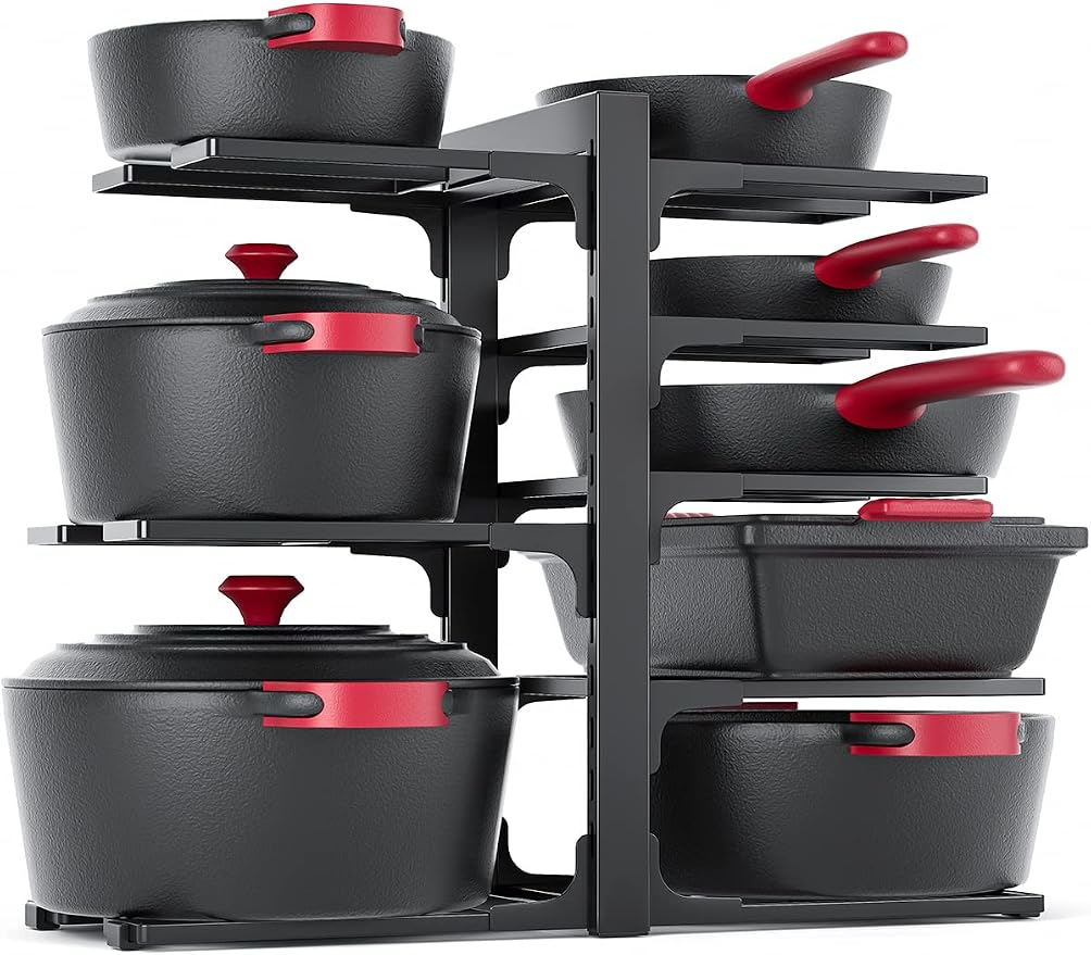 MUDEELA 8-Tier Heavy Duty Pots and Pans Organizer under Cabinet, Black | Adjustable 15.83" H pot rack, pan organizer Holds big stockpots, Cast Iron Skillet and cookware for use inside cabinets by MUDEELA