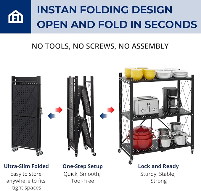 3 Tier Foldable Storage Shelves with Wheels, Metal Collapsible Organization Storage Rack, No Assembly Folding Bookshelf, Rolling Storage Rack for Kitchen, Bedroom, Pantry, Garage, Display, Black - Image 4