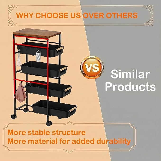 5-Tier Slim Storage Cart, Wooden Top Rolling Kitchen Cart with Pull-Out Baskets & Wheels, Narrow Space Utility Cart Slide Out Organizer for Kitchen, Bathroom, Laundry Room, Black - Image 7