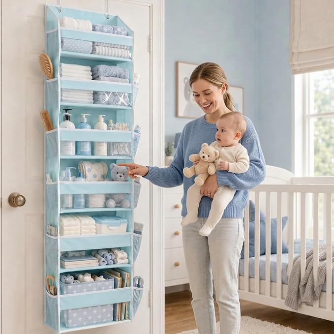 Over the Door Organizer, 6-Tier, 100D Fabric, Baby Blue 2pc | Over the door shoe organizer, 50 lbs capacity, 12 side mesh pockets, 100D extra thick fabric, Closet & entryway storage - Image 2