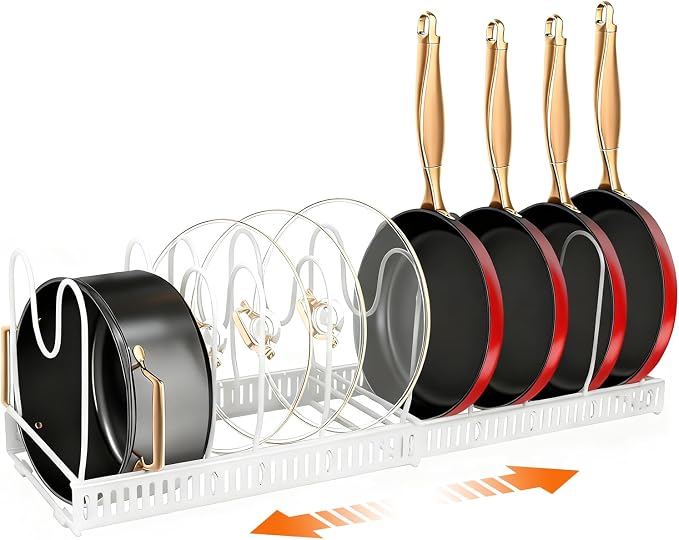 Expandable Pots and Pans Organizer Rack for Under-Cabinet Storage - Adjustable Kitchen Cabinet Organizer with 13 Dividers, Cutting Board Holder & 6 Non-Slip Silicone Pads-White by Unknown