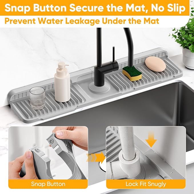24'' Folding Faucet Mat for Kitchen Sink Splash Guard[7° Slope Fast Self-draining][Snap Lock Fit] Kitchen Sink Faucet Mat Splash Guard Kitchen Sink Area Water Splash Guard Behind Faucet Draining Mat - Image 4