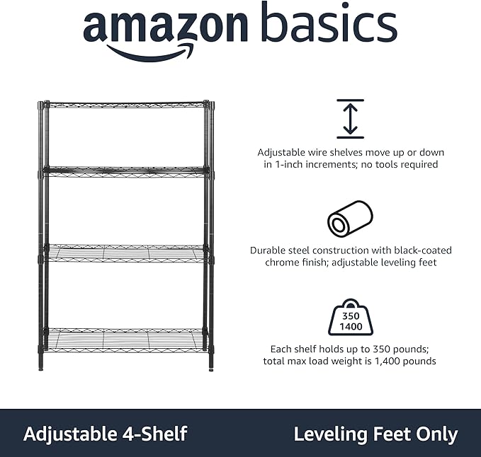 Amazon Basics 4-Shelf Adjustable Heavy Duty Steel Wire Rack Storage Shelving, Sturdy Garage Shelving, 350 lbs Capacity Per Shelf, Easy No-Tool Assembly, 36" x 14" x 54", Black - Image 4