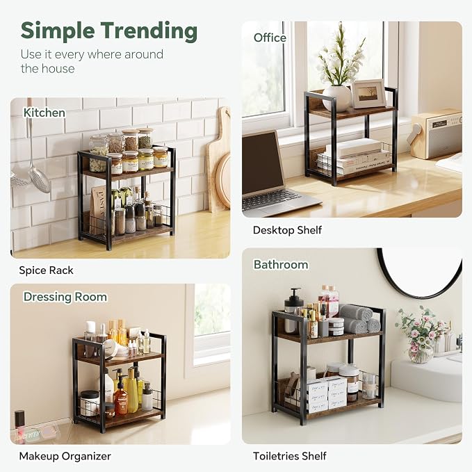 Simple Trending Countertop Shelf Organizer, 2 Tier Kitchen Spice Rack, Coffee Bar Station Storage, for Kitchen Cabinet Bathroom Living Room, Brown, M - Image 5