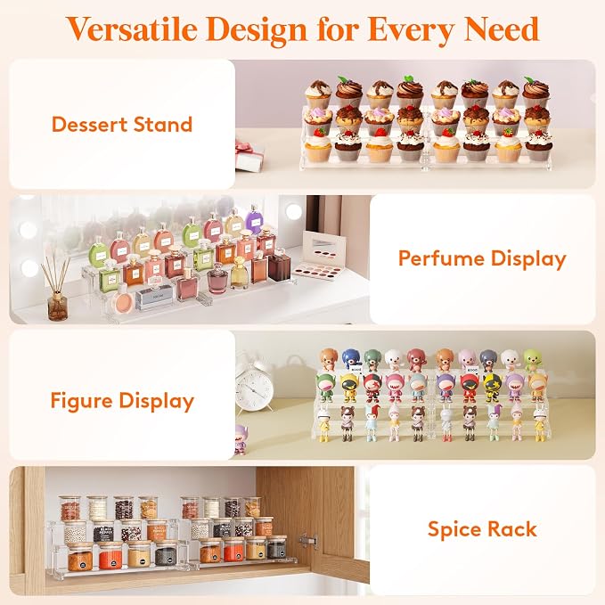 Lifewit 14″ Spice Rack, Perfume Cologne Stand,Tool-Free Assembly, 2 Pcs | 3-Tier Clear Display Riser Shelf, Cupcake Stand, Seasoning Figurine Makeup Holder, Room Decor, Kitchen Cabinet Storage - Image 6