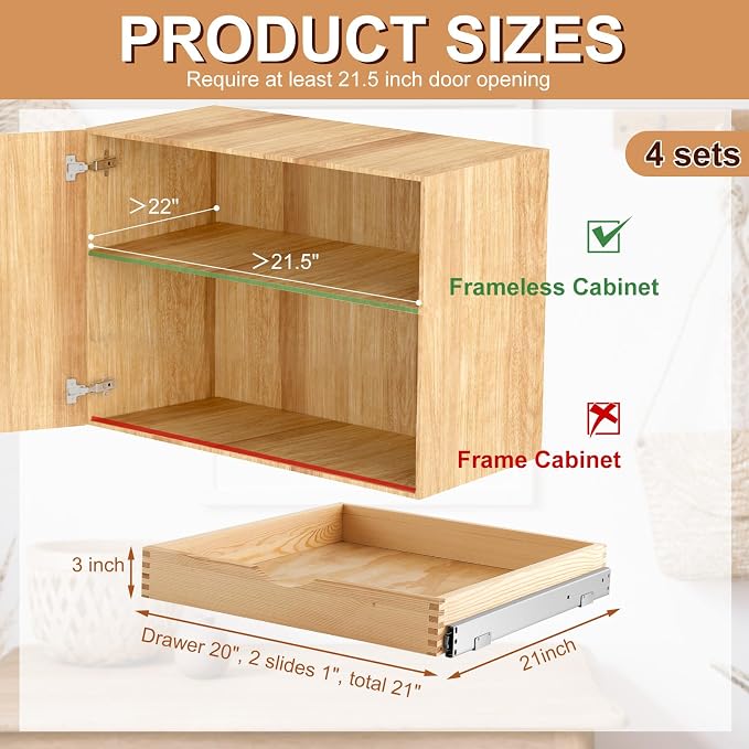 Sintuff 4 Pack Wooden Pull out Tray Cabinet Organizer Gentle Close Roll out Shelves for Kitchen Cabinets Fully Assembled Slide Pantry Shelves (21'' X 21'') - Image 7