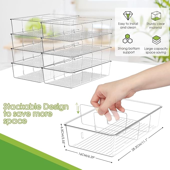 ZIZOTI Snack Organizer for Pantry Shelf, 6 Pack Clear Plastic Pantry Storage Bins with 3 Dividers for Snacks, Spices, Chips Food Organizer, Stackable Pantry Organizers for Kitchen, Fridge, Cabinet - Image 3