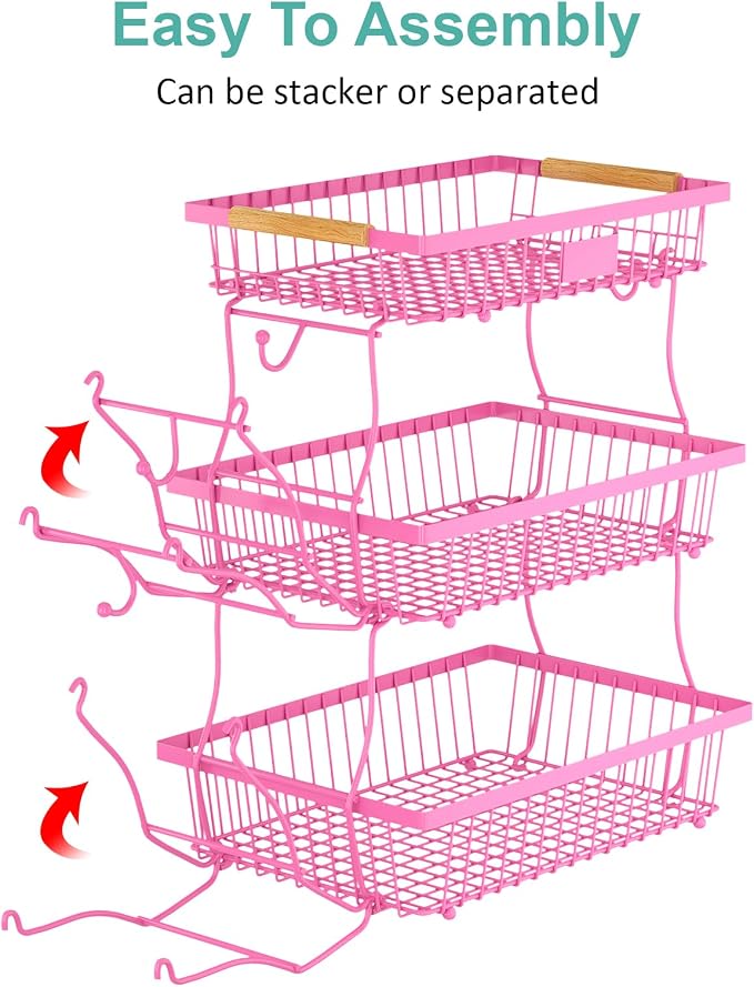 3 Tier Fruit Basket for Kitchen Counter with 2 Banana Hangers, Countertop Metal Fruit Bowl with Wooden Handle, Large Storage Stand for Vegetables, Snacks, Breads, Produce Storage – Rose Pink - Image 5