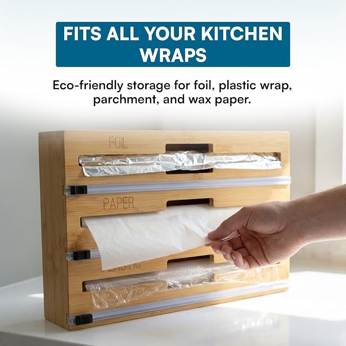 Honey-Can-Do Bamboo Wrap Organizer with Safety Cutter — 3-in-1 Drawer Holder for Aluminum Foil, Wax & Parchment Paper, and Plastic Wrap (Fits 12" Rolls) - Image 3