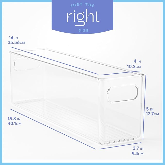 Plastic Food Storage 2 Pack Clear Container Bin with Handles for Organizing Kitchen, Pantry, Refrigerator, Freezer, Pantry, Cabinet, Closet, Bathroom. 14”x4”x5” - Image 3