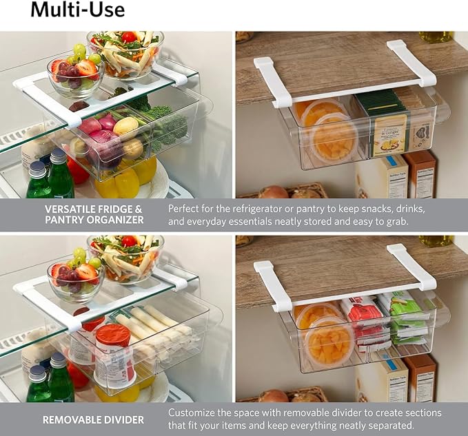 Glad Pull Out Fridge Drawer Organizer - Clip-On Under Shelf Refrigerator & Pantry Storage Bin with 2 Compartments for Fruit, Vegetables, and Deli Meat Drawer - BPA Free Clear Plastic - Image 3