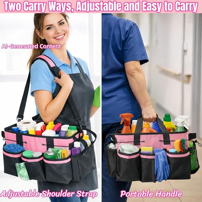 BLIRITEL Large Cleaning Caddy Bag with Handle, Cleaning Caddy Organizer with Shoulder Strap, Multi-Compartment Cleaning Supply Tote for Cleaners & Housekeepers (Pink) - Image 2