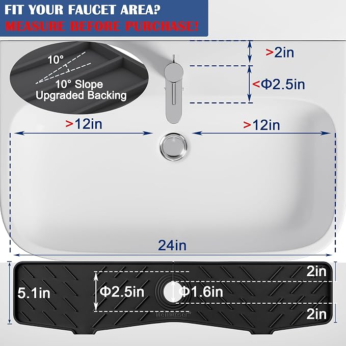 Faucet Mat for Kitchen Sink – 24” x 5.1” Extra-Long Silicone Splash Guard with 10° Slope & Upgraded Drainage – Gen 3 Sink Water Catcher & Sponge Holder for Kitchen, Bathroom (Black) - Image 2