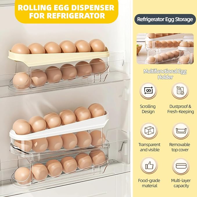 Egg Holder for Fridge, Space-Saving Automatic Rolling Egg organizer for refrigerator, Clear Stackable Egg container for refrigerator, Egg Storage with Lid, Home Egg Dispenser & Tray (2-layer) - Image 5